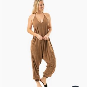 Tan Harem Buddha pants Jumpsuit with Relaxed Fit and Elasticized Ankles
